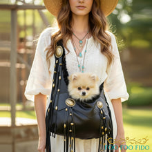 High-end black Western dog carrier bag featuring leather fringe and conchos