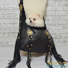 High-end black Western dog carrier bag featuring leather fringe and conchos