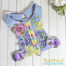 Bespoke choke-free dog harness vest in a vintage-inspired floral print, handcrafted by Foo Foo Fido for small breed comfort and safety