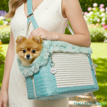 Structured luxury pet travel tote with artisan crystal detailing and reinforced base, handcrafted designer dog carrier for small pets