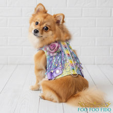 Bespoke choke-free dog harness vest in a vintage-inspired floral print, handcrafted by Foo Foo Fido for small breed comfort and safety