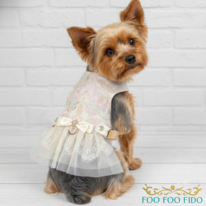 Ivory Brocade Dog Harness Dress: Rhinestone Lace Designer Pet Dress   FooFooFido