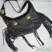 High-end black Western dog carrier bag featuring leather fringe and conchos