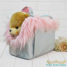 Structured luxury pet travel tote with artisan lace detailing and reinforced base, handcrafted designer dog carrier for small pets