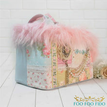 Structured luxury pet travel tote with artisan lace detailing and reinforced base, handcrafted designer dog carrier for small pets