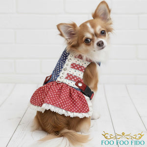 Patriotic Dog Harness Dress – Adjustable Dog Dress with Lace Trim