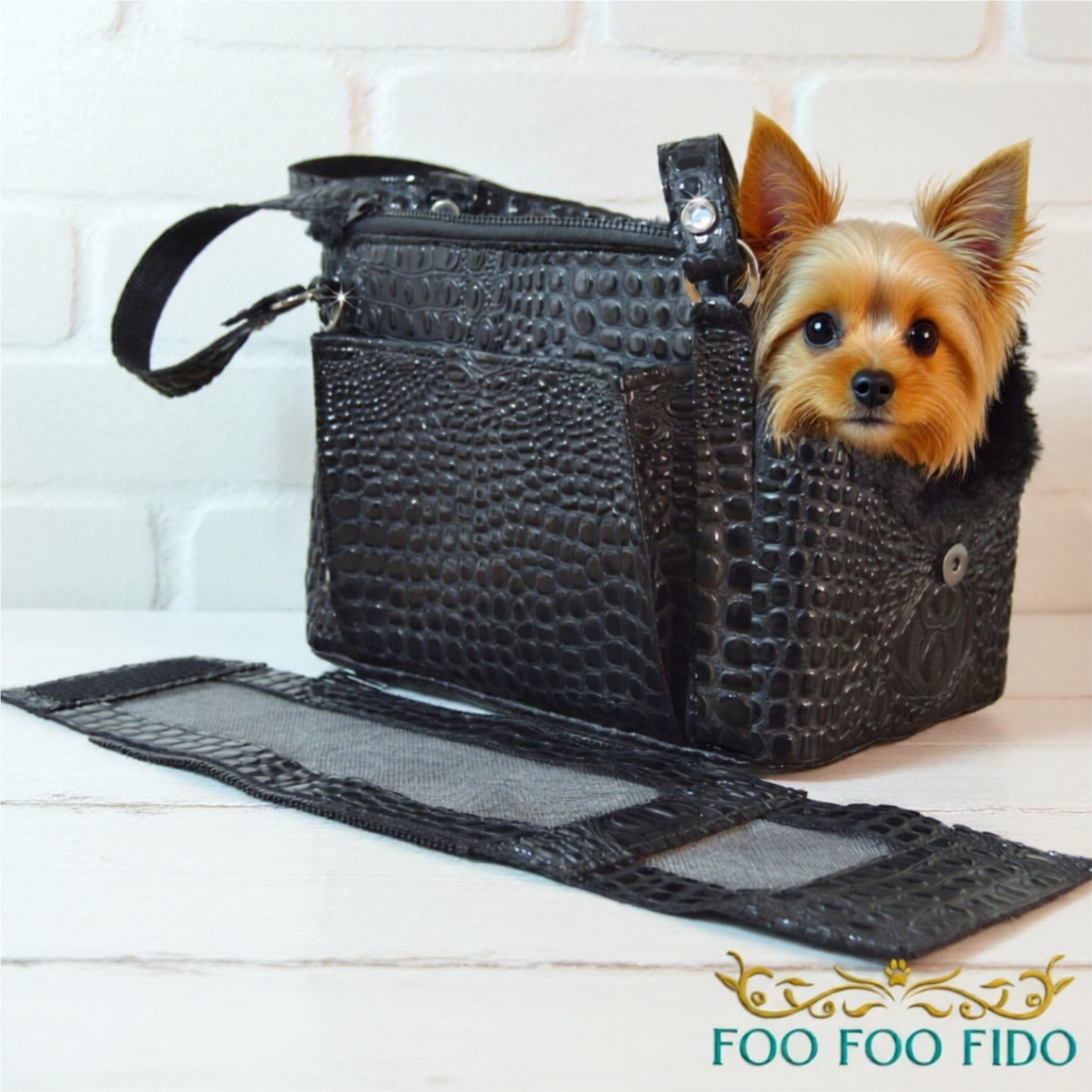 dog travel tote bag Black Designer Dog Carrier Bag: Airline Approved Pet Travel Tote Faux Croc Medium / Left / Shoulder Straps (Included) Silver