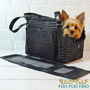 dog tote travel bag Black Designer Dog Carrier Bag: Airline Approved Pet Travel Tote Faux Croc Medium / Left / Shoulder Straps (Included) Silver