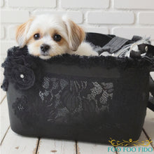 Luxury Denim Airline Dog Carrier: Faux Fur Lining, Floral Lace