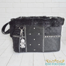 leather patchwork couture one-of-a-kind pet purse handcrafted from rich textures, crystals and studs