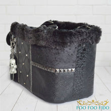 leather patchwork couture one-of-a-kind pet purse handcrafted from rich textures, crystals and studs