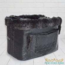 leather patchwork couture one-of-a-kind pet purse handcrafted from rich textures, crystals and studs