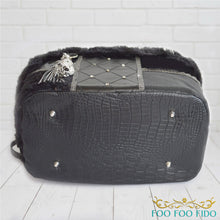 leather patchwork couture one-of-a-kind pet purse handcrafted from rich textures, crystals and studs