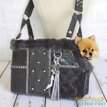 leather patchwork couture one-of-a-kind pet purse handcrafted from rich textures, crystals and studs