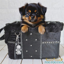leather patchwork couture one-of-a-kind pet purse handcrafted from rich textures, crystals and studs