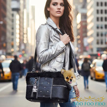 leather patchwork couture one-of-a-kind pet purse handcrafted from rich textures, crystals and studs