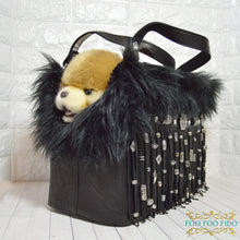 Black Leather Fringe Dog Carrier • Boho Beaded Pet Travel Purse