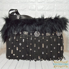 Black Leather Fringe Dog Carrier • Boho Beaded Pet Travel Purse