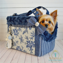 French Country Dog Carrier: Blue Floral Pinstripe Cotton Pet Bag