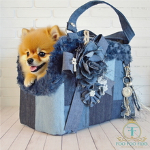 Blue Patchwork Denim Dog Purse – Custom Boho Luxury Dog Bag with Faux Fur Trim & Vintage Flowers