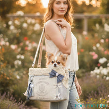 Chic Dog Carrier Tote - Blue Ticking Small Pet Purse with Pillow, Cottage Core Carrier Purse, Dog Mom Fashion Crossbody Pet Bag