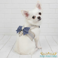 Reversible Step-In Dog Harness: Blue Ticking Stripe & Floral Cotton