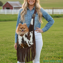 Cow Print Leather Fringe Dog Sling | Western Luxury Pet Carrier