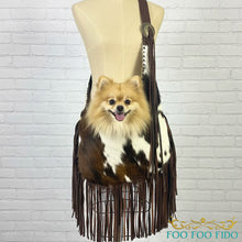 Cow Print Leather Fringe Dog Sling | Western Luxury Pet Carrier