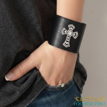 Black Leather Wallet Cuff Bracelet: Hidden Pocket Wrist Wallet with Rhinestone Cross