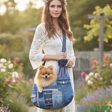 Denim Patchwork Pet Sling – Rhinestone Crossbody Dog Carrier Purse