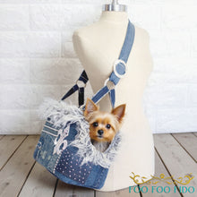 Structured luxury pet travel tote with artisan lace detailing and reinforced base, handcrafted designer dog carrier for small pets