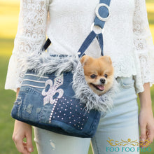 Structured luxury pet travel tote with artisan lace detailing and reinforced base, handcrafted designer dog carrier for small pets