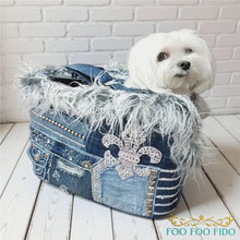 Structured luxury pet travel tote with artisan lace detailing and reinforced base, handcrafted designer dog carrier for small pets
