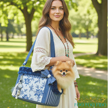 French Country Dog Carrier: Blue Floral Pinstripe Cotton Pet Bag