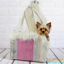 Luxury Pink Velvet Dog Carrier Purse, Crystal Detail, Faux Fur Trim