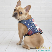 Patriotic Dog Harness: Red White Blue Denim Star Print, Choke-Free