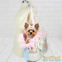 Structured luxury pet travel tote with artisan lace detailing and reinforced base, handcrafted designer dog carrier for small pets