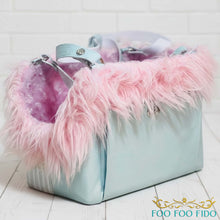 Structured luxury pet travel tote with artisan lace detailing and reinforced base, handcrafted designer dog carrier for small pets