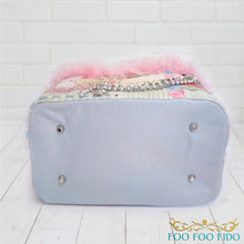 Structured luxury pet travel tote with artisan lace detailing and reinforced base, handcrafted designer dog carrier for small pets