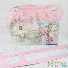 Structured luxury pet travel tote with artisan lace detailing and reinforced base, handcrafted designer dog carrier for small pets