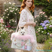 Structured luxury pet travel tote with artisan lace detailing and reinforced base, handcrafted designer dog carrier for small pets