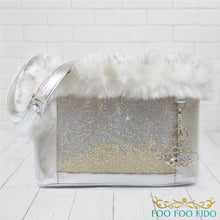 Structured luxury pet travel tote with artisan lace detailing and reinforced base, handcrafted designer dog carrier for small pets