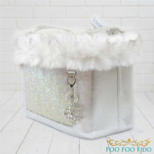 Structured luxury pet travel tote with artisan lace detailing and reinforced base, handcrafted designer dog carrier for small pets