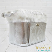 Structured luxury pet travel tote with artisan lace detailing and reinforced base, handcrafted designer dog carrier for small pets