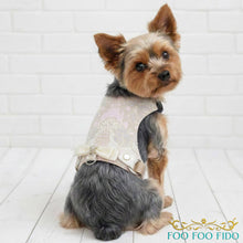 Fancy dog harness vest featuring floral appliqué and soft pastel hues for dog birthdays.