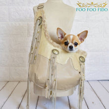 Tan Leather Fringe Dog Sling • Cowgirl Pet Carrier with Conchos