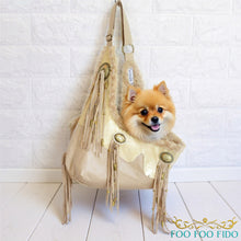 Tan Leather Fringe Dog Sling • Cowgirl Pet Carrier with Conchos