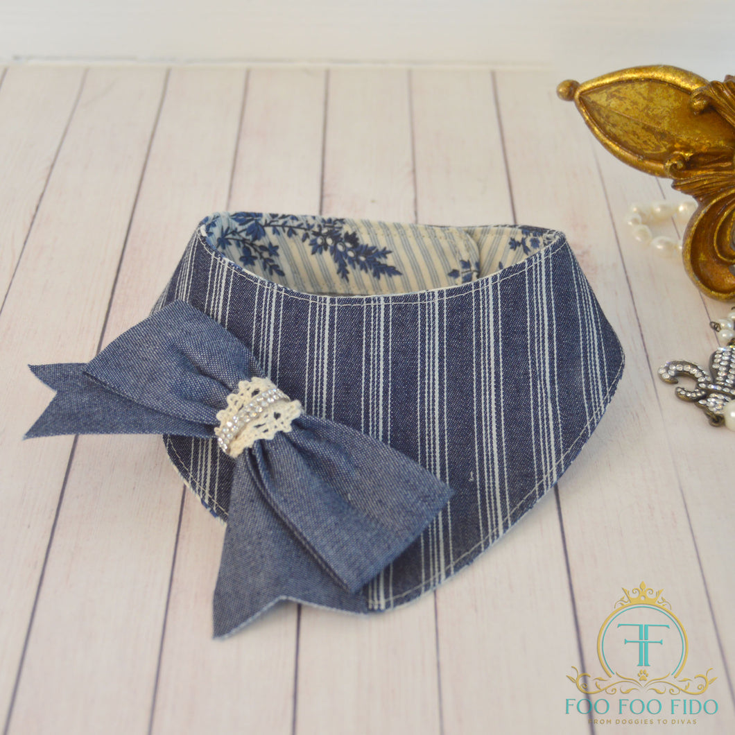 Aurelie Navy Blue Pinstripe and Floral Bandana