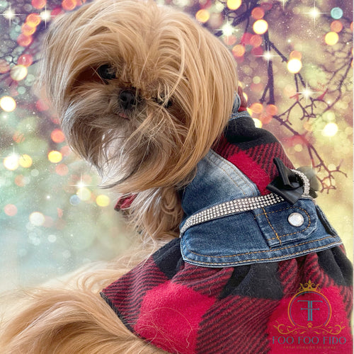 Denim, Buffalo Plaid, Fancy, Rhinestone, Holiday, Small Dog, Jacket, Vest, Nelly by Foo Foo Fido