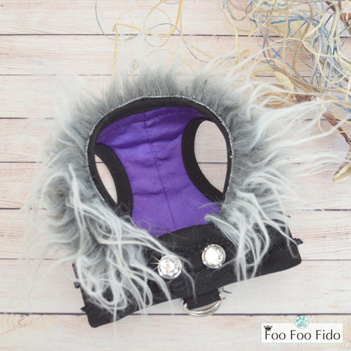 Little Monster Denim Fabric and Gray Faux Fur Step in Dog Harness